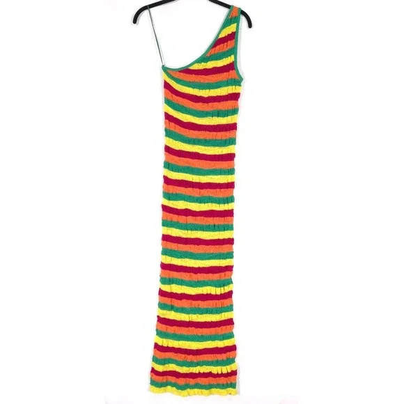 ZARA Women's Midi Dress SMALL Linen Blend Knit Striped 3859/101 Multicolor Asymm - Picture 8 of 10